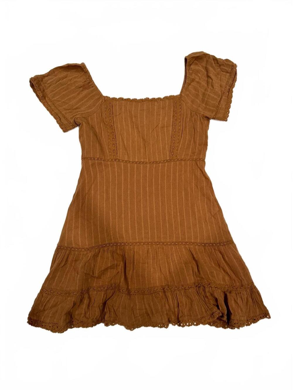 American Eagle Brown Cottagecore Lace Mini Dress Tiered Boho Large - Picture 2 of 9